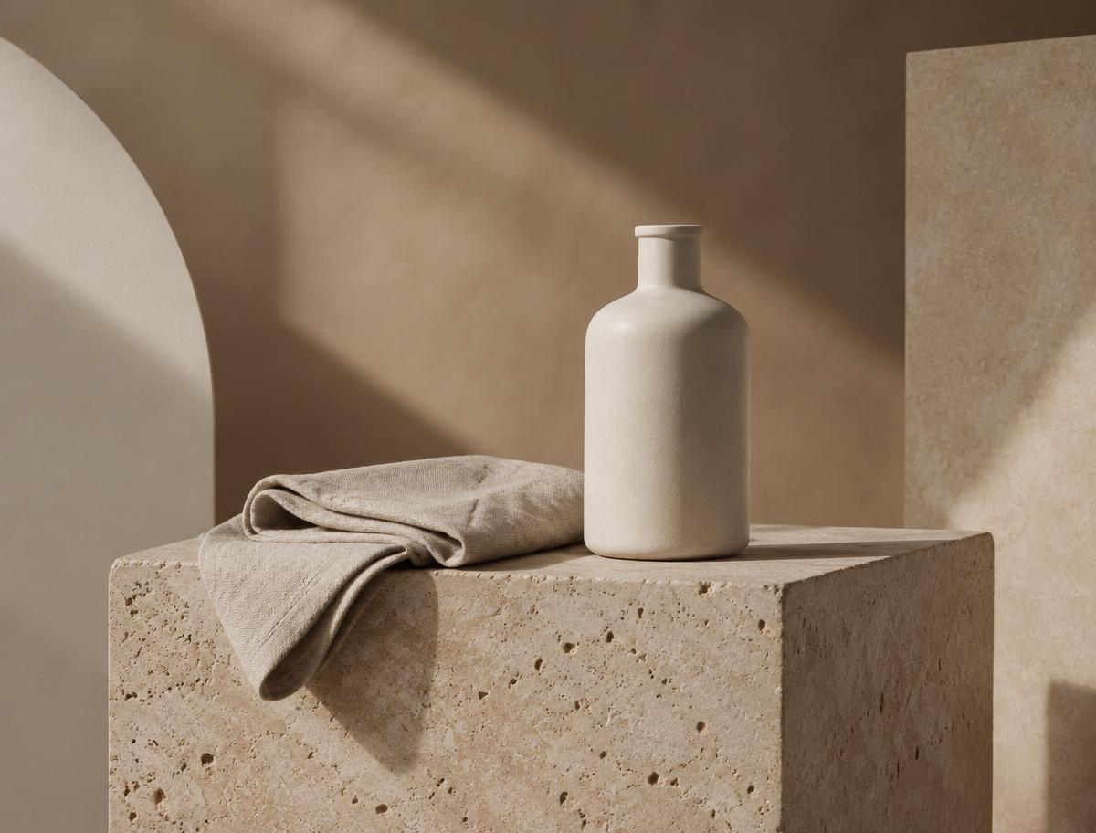 Commercial still life set on a travertine plinth