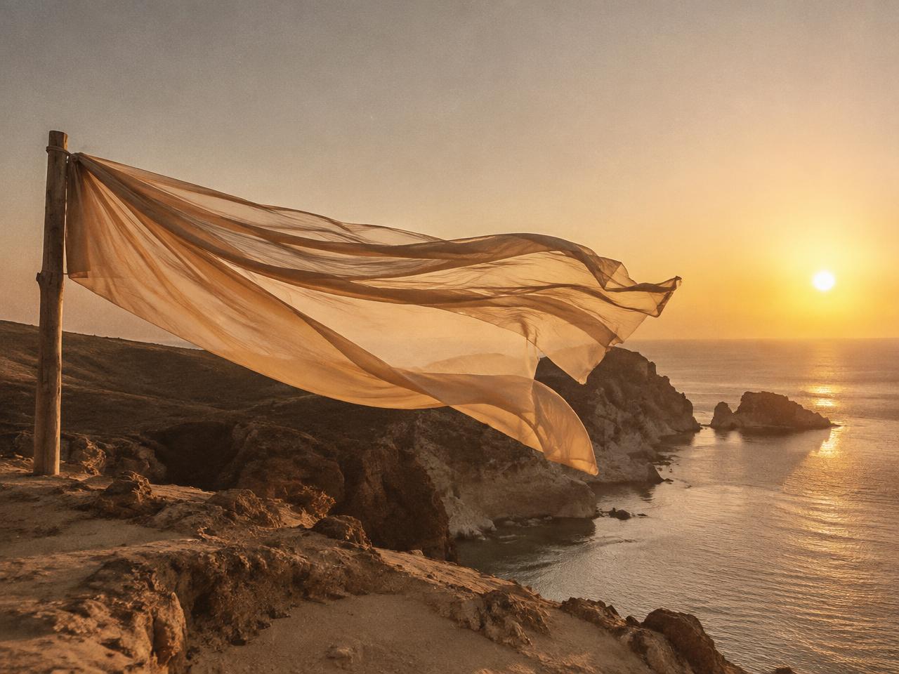 Sheer fabric flowing on a coastal cliff at golden hour
