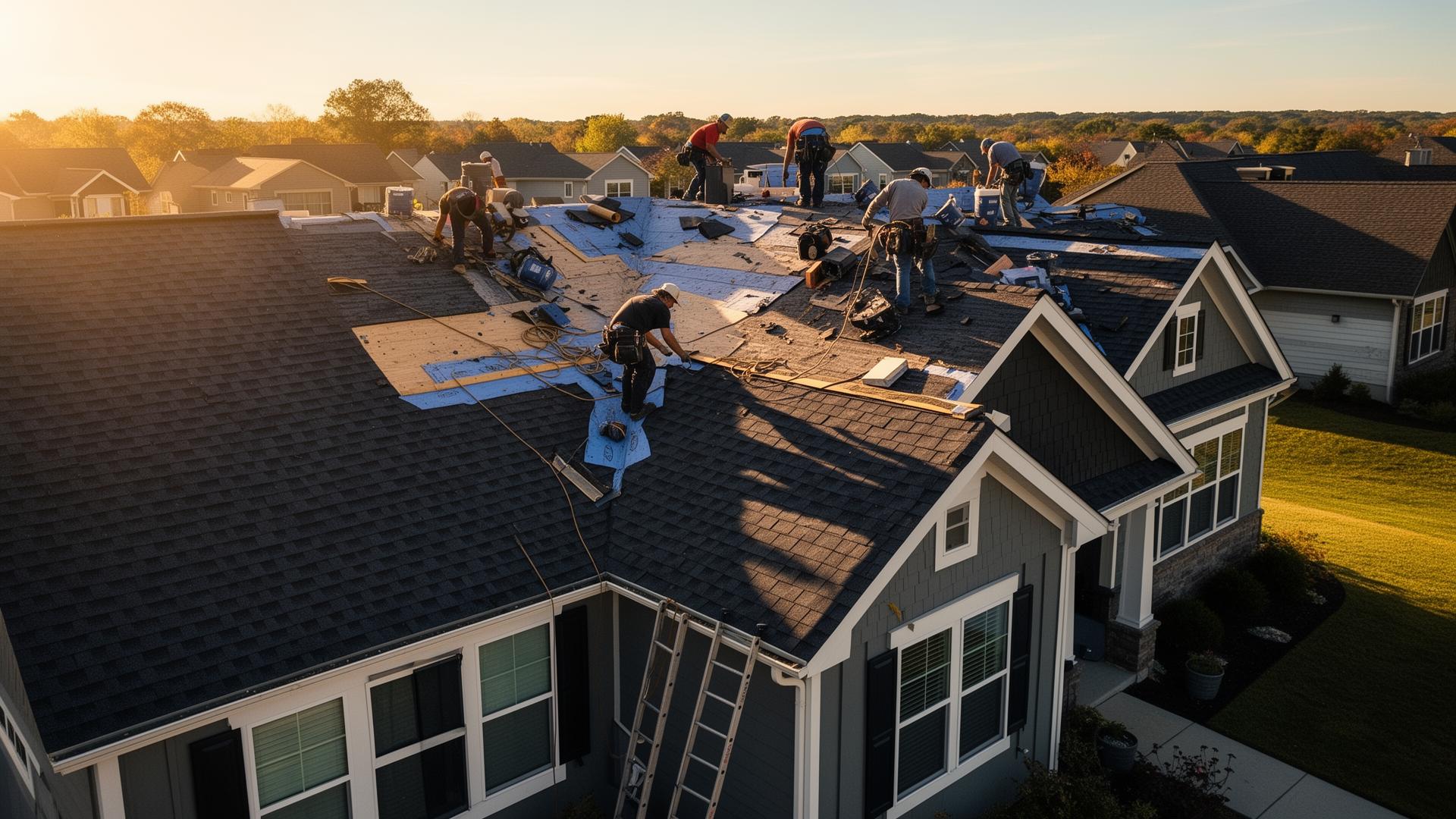 Professional roofing crew installing a new roof on a suburban home