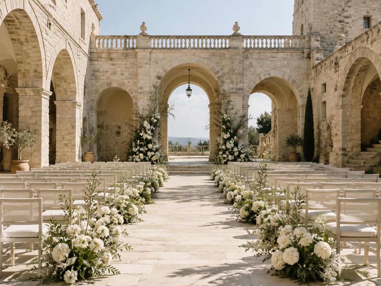 Sunlit stone courtyard prepared for a ceremony